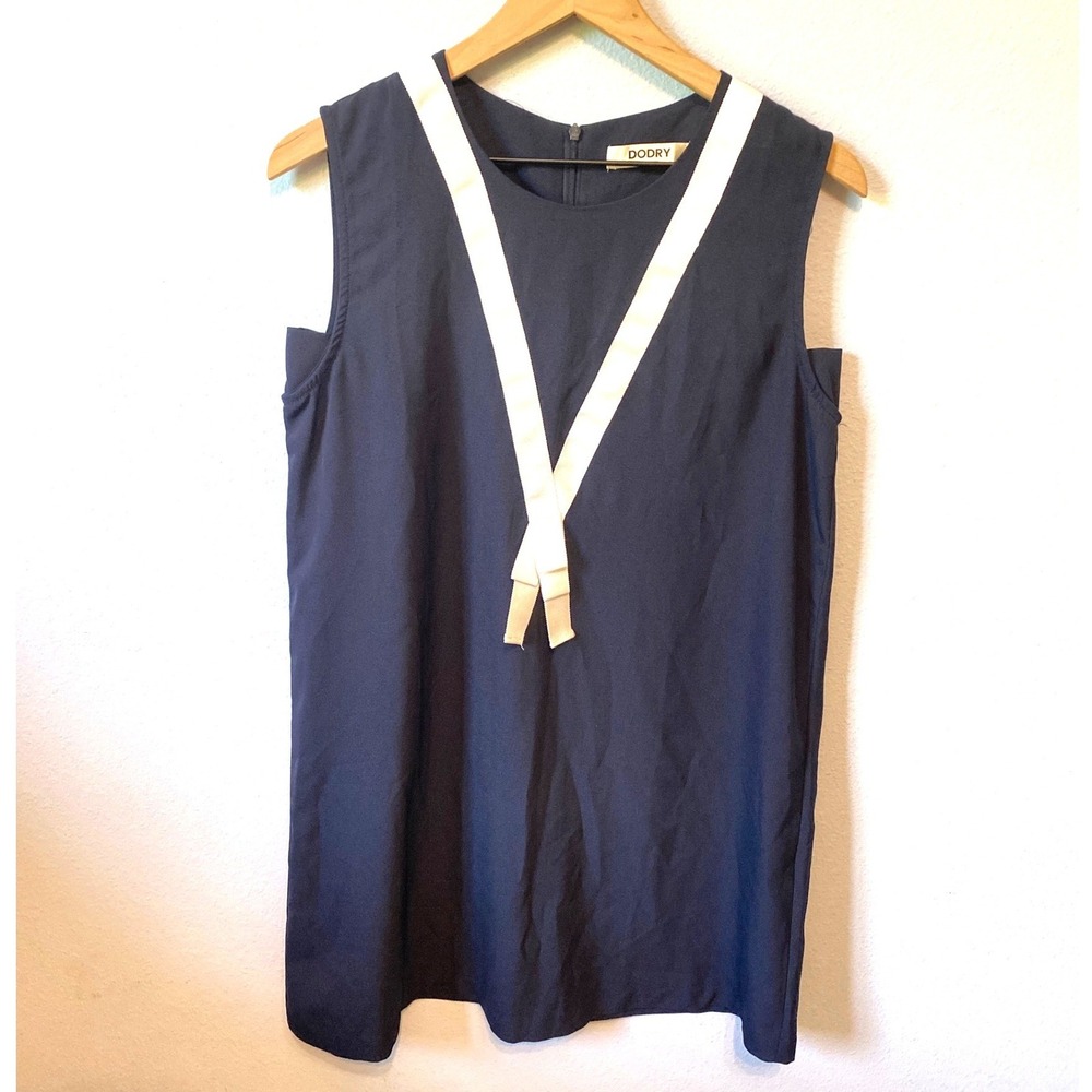 Dodry Preppy Shift Dress Womens Black White Ribbon Bow Detail Sleeveless Small - Picture 2 of 7
